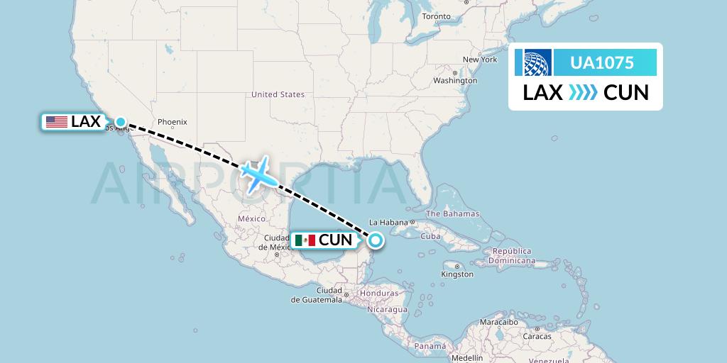 UA1075 United Airlines Flight Map: Los Angeles to Cancun
