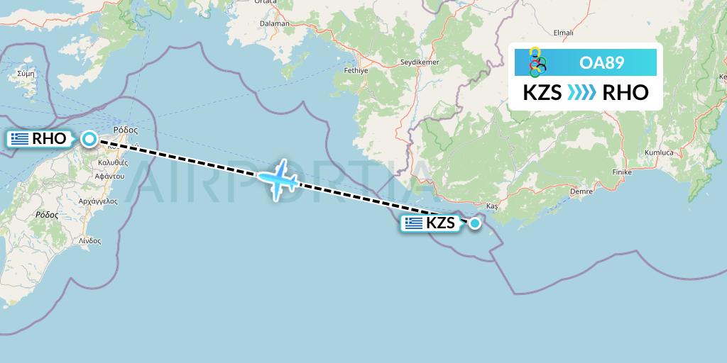 OA89 Olympic Air Flight Map: Kastelorizo Island to Rhodes