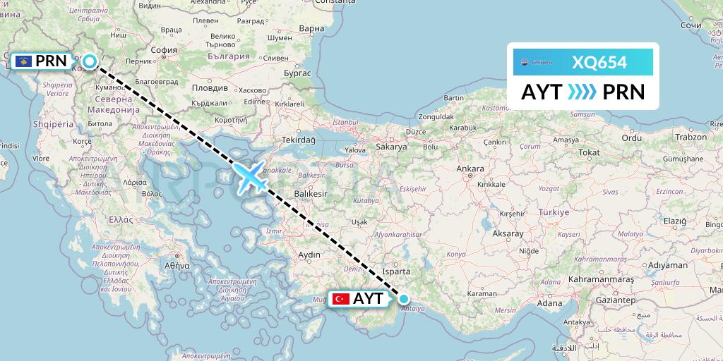 XQ654 SunExpress Flight Map: Antalya to Pristina