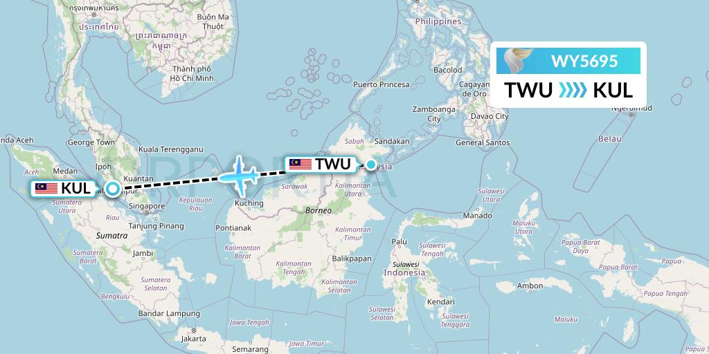 WY5695 Oman Air Flight Map: Tawau to Kuala Lumpur