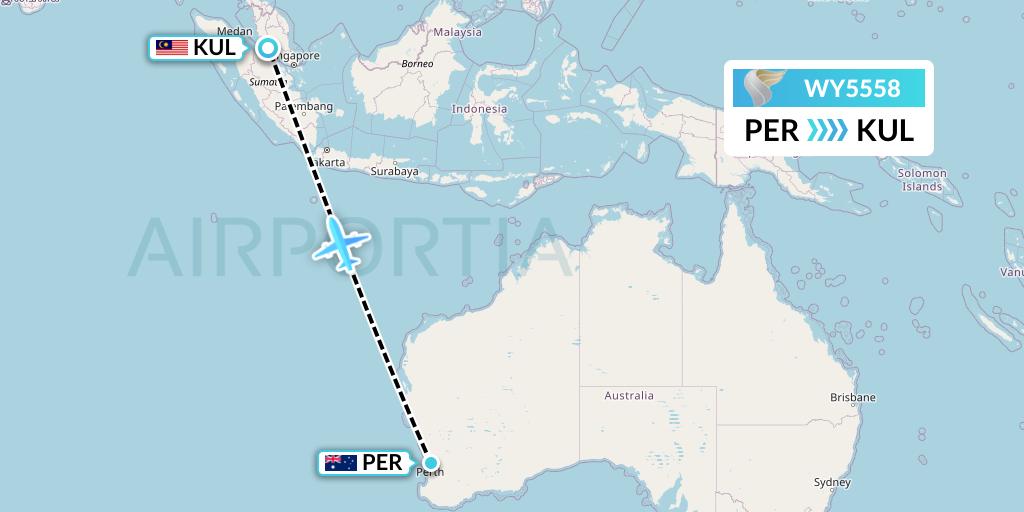 WY5558 Oman Air Flight Map: Perth to Kuala Lumpur