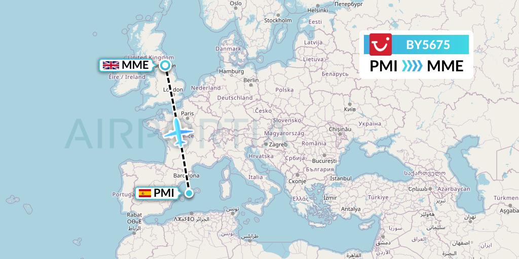 BY5675 TUI Airways Flight Map: Palma de Mallorca to Darlington