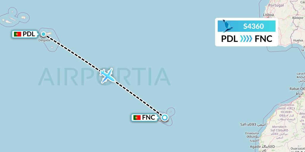 S4360 Azores Airlines Flight Map: Ponta Delgada to Funchal