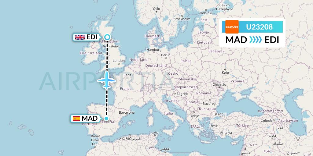 U23208 EasyJet Flight Map: Madrid to Edinburgh