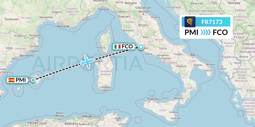 FR7173 Ryanair Flight Map: Palma de Mallorca to Rome