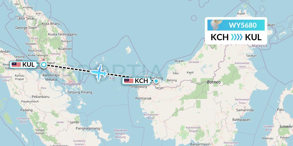 WY5680 Oman Air Flight Map: Kuching to Kuala Lumpur