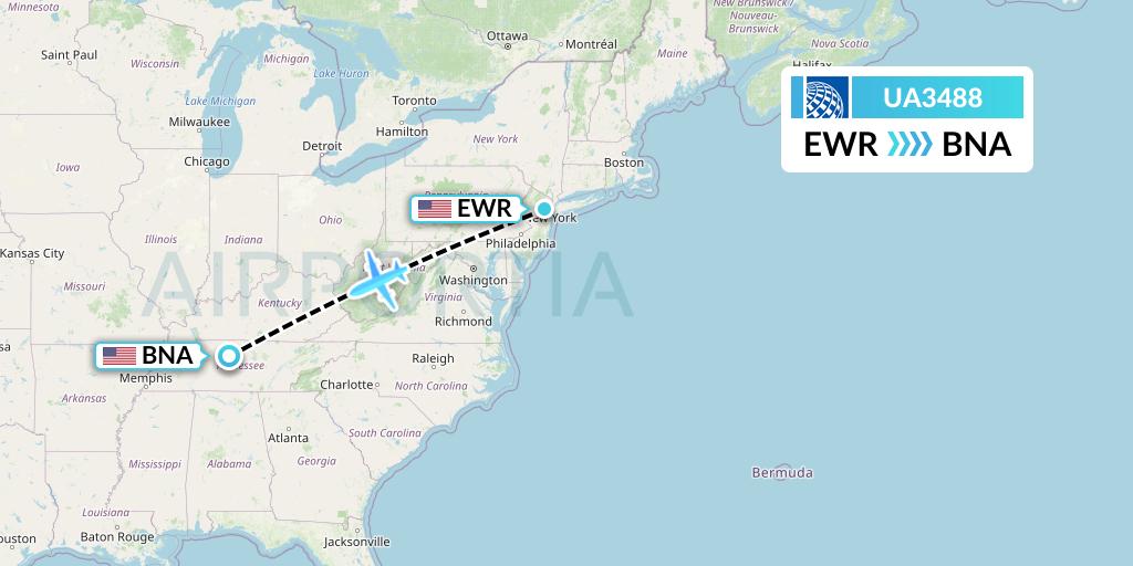 UA3488 United Airlines Flight Map: New York to Nashville