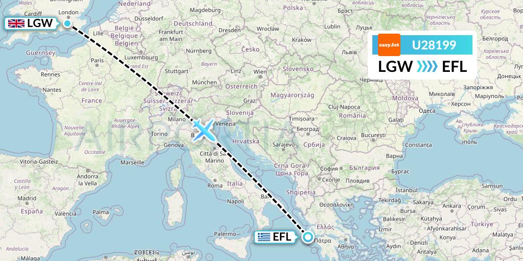U28199 EasyJet Flight Map: London to Kefalonia
