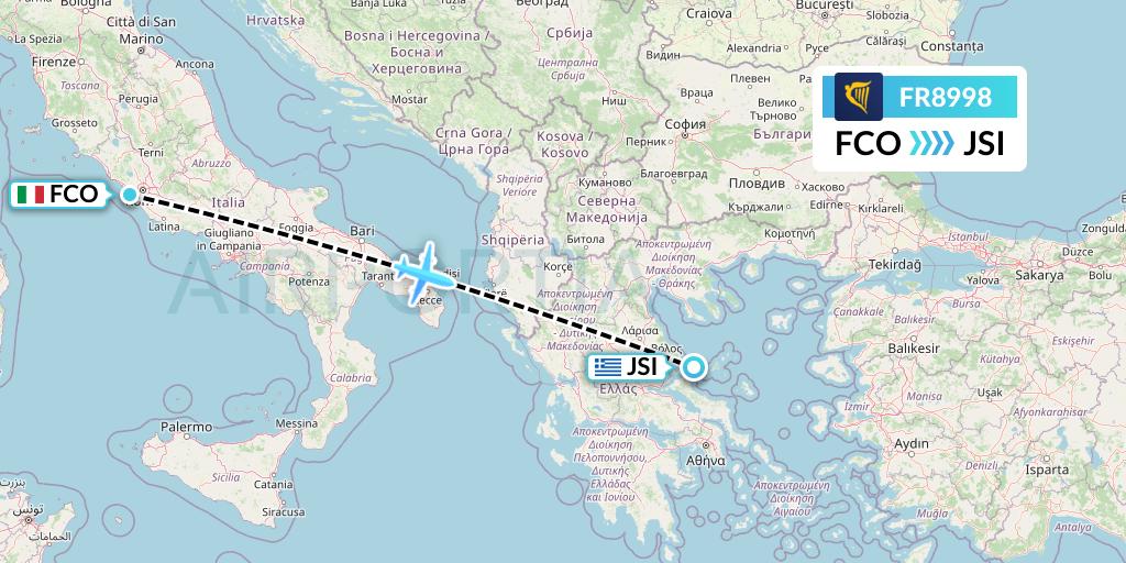 FR8998 Ryanair Flight Map: Rome to Skiathos