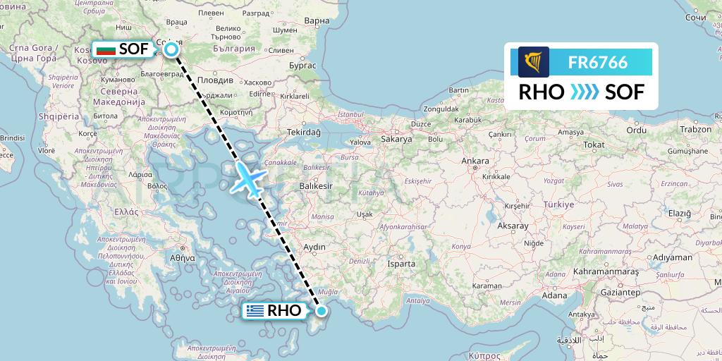 FR6766 Ryanair Flight Map: Rhodes to Sofia