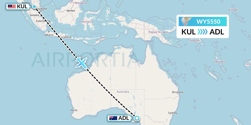 WY5550 Oman Air Flight Map: Kuala Lumpur to Adelaide