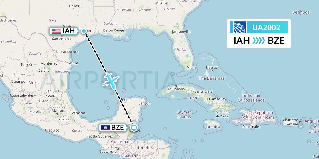 UA2002 United Airlines Flight Map: Houston to Belize City