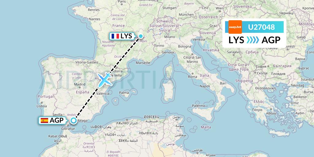 U27048 EasyJet Flight Map: Lyon to Malaga