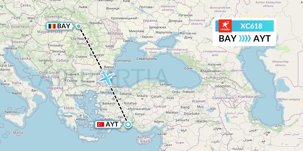 XC618 Corendon Airlines Flight Map: Baia Mare to Antalya