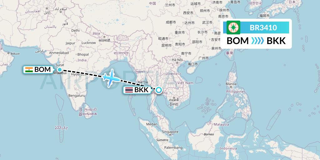 BR3410 EVA Air Flight Map: Mumbai to Bangkok