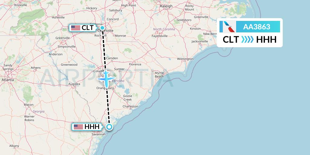 AA3863 American Airlines Flight Map: Charlotte to Hilton Head Island