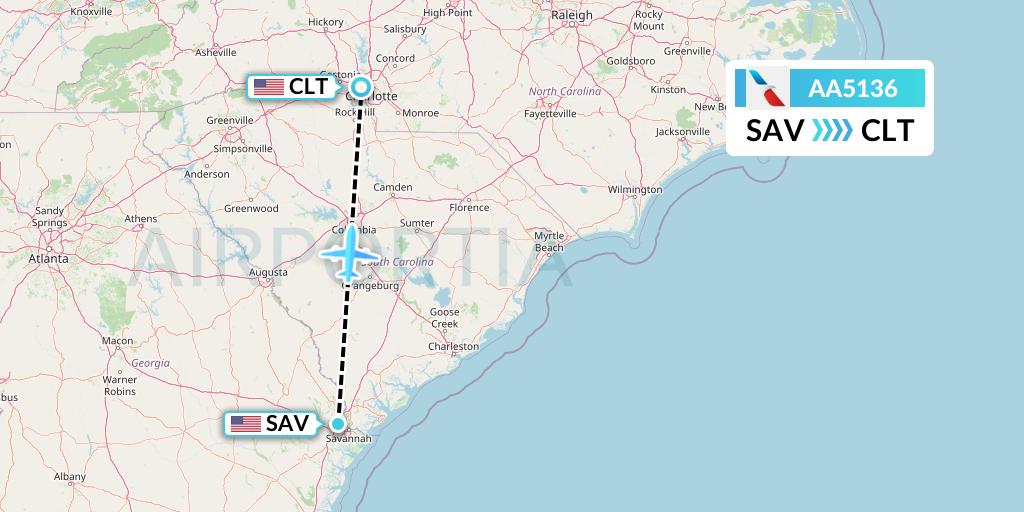 AA5136 American Airlines Flight Map: Savannah to Charlotte