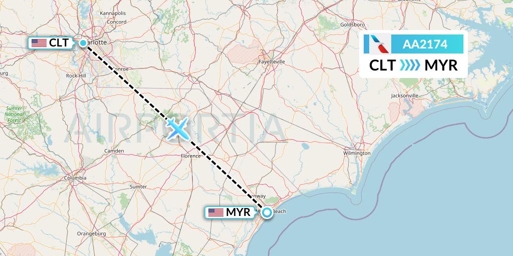 AA2174 American Airlines Flight Map: Charlotte to Myrtle Beach