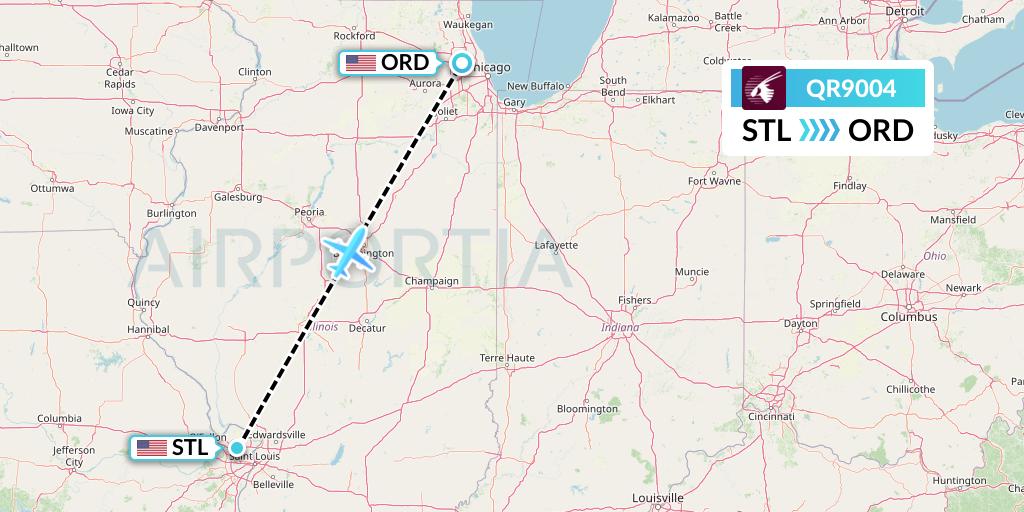 QR9004 Qatar Airways Flight Map: St. Louis to Chicago