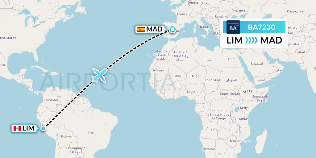BA7230 British Airways Flight Map: Lima to Madrid