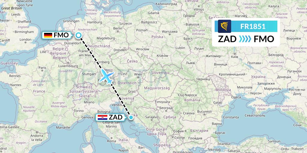 FR1851 Ryanair Flight Map: Zadar to Munster