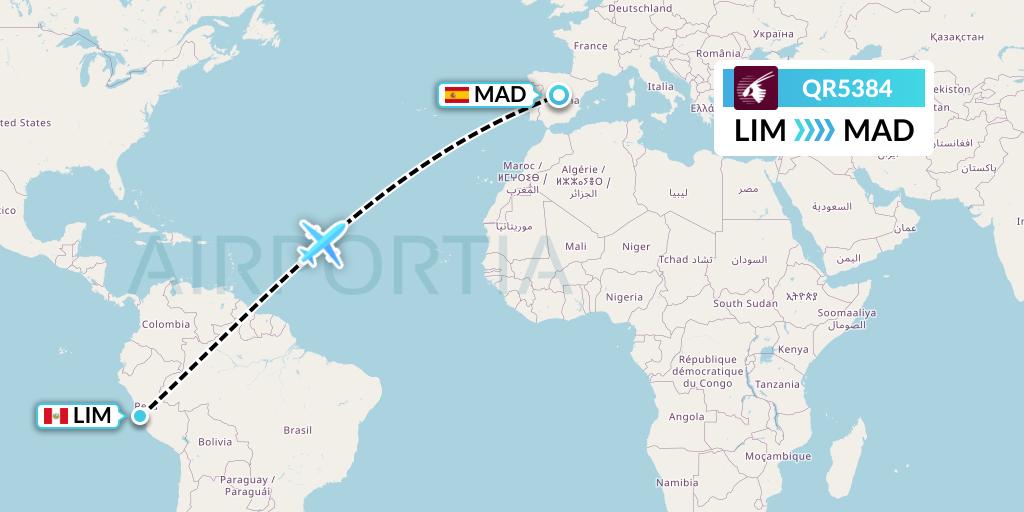 QR5384 Qatar Airways Flight Map: Lima to Madrid