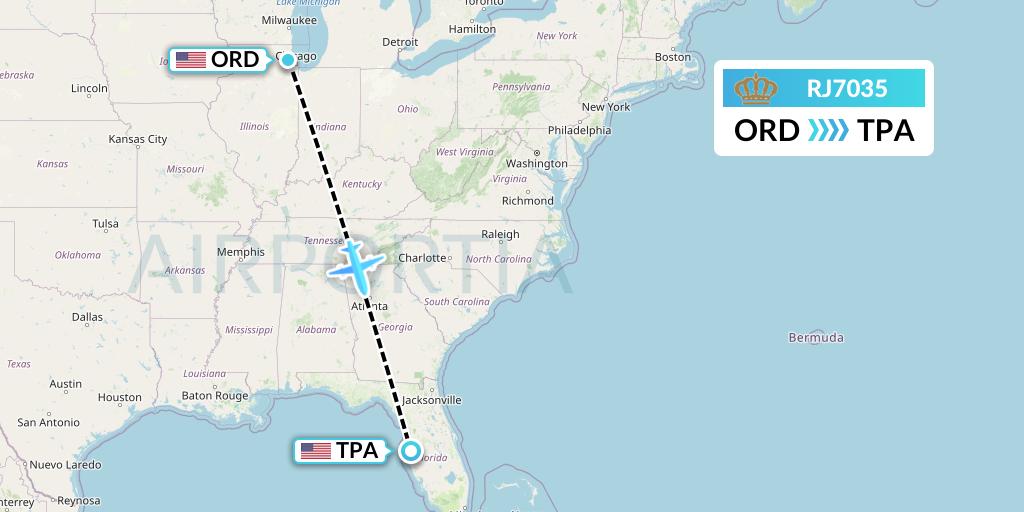 RJ7035 Royal Jordanian Flight Map: Chicago to Tampa