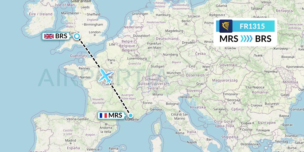 FR1315 Ryanair Flight Map: Marseille to Bristol
