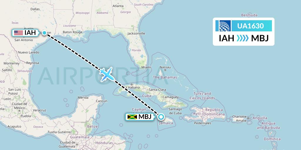UA1630 United Airlines Flight Map: Houston to Montego Bay
