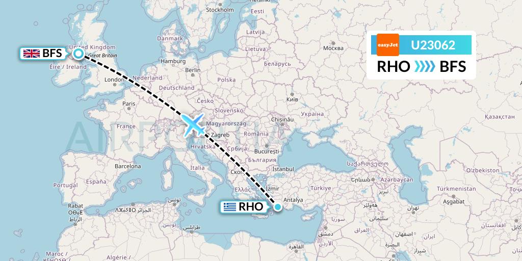 U23062 EasyJet Flight Map: Rhodes to Belfast