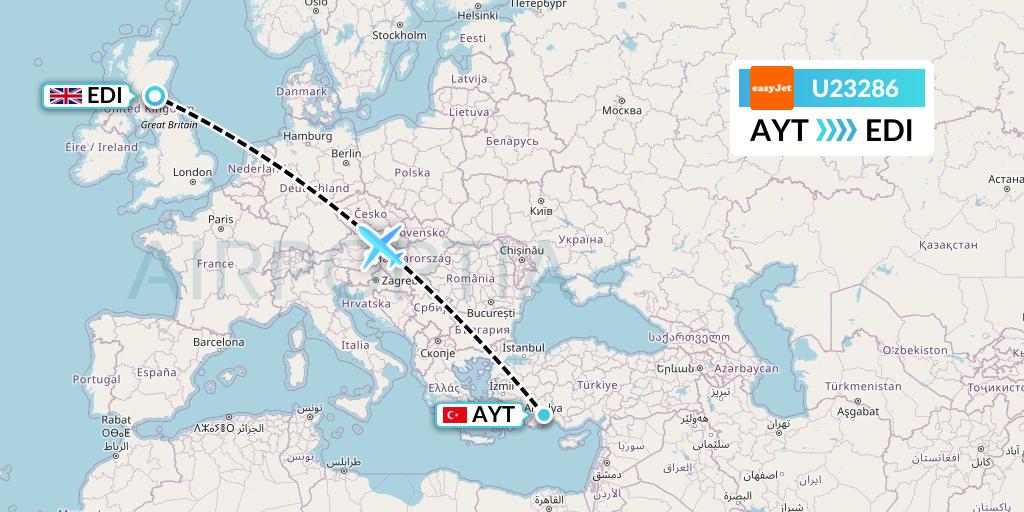 U23286 EasyJet Flight Map: Antalya to Edinburgh