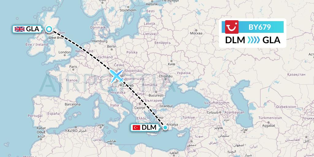 BY679 TUI Airways Flight Map: Dalaman to Glasgow