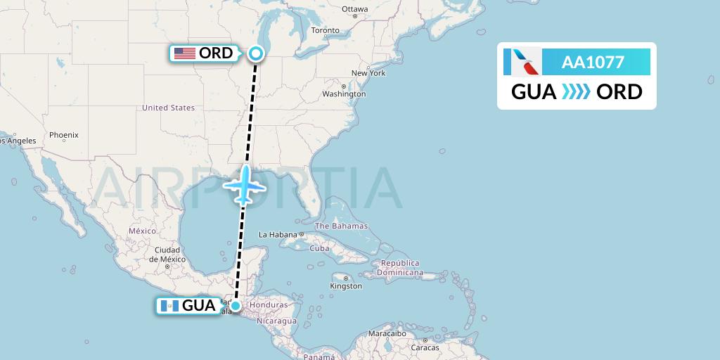 AA1077 American Airlines Flight Map: Guatemala City to Chicago