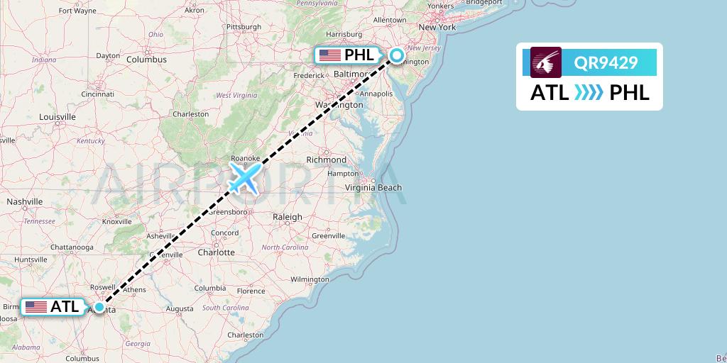 QR9429 Qatar Airways Flight Map: Atlanta to Philadelphia