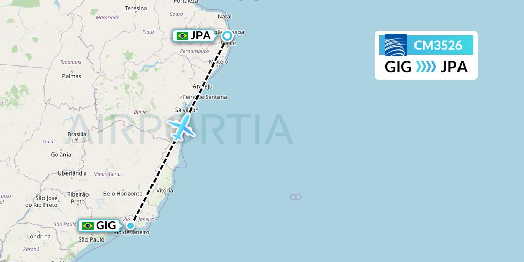 CM3526 Copa Airlines Flight Map: Rio de Janeiro to Joao Pessoa