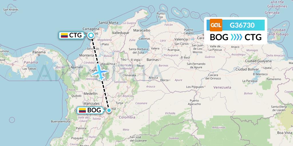 G36730 GOL Transportes Aeros Flight Map: Bogota to Cartagena
