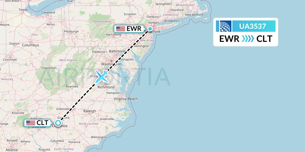 UA3537 United Airlines Flight Map: New York to Charlotte