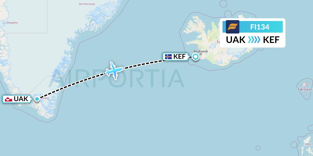FI134 Icelandair Flight Map: Narsarsuaq to Reykjavik