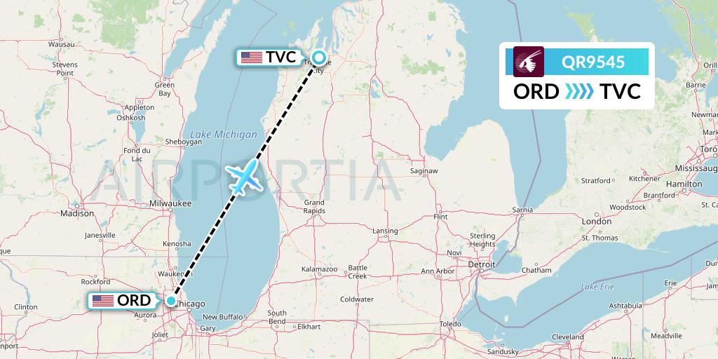 QR9545 Qatar Airways Flight Map: Chicago to Traverse City