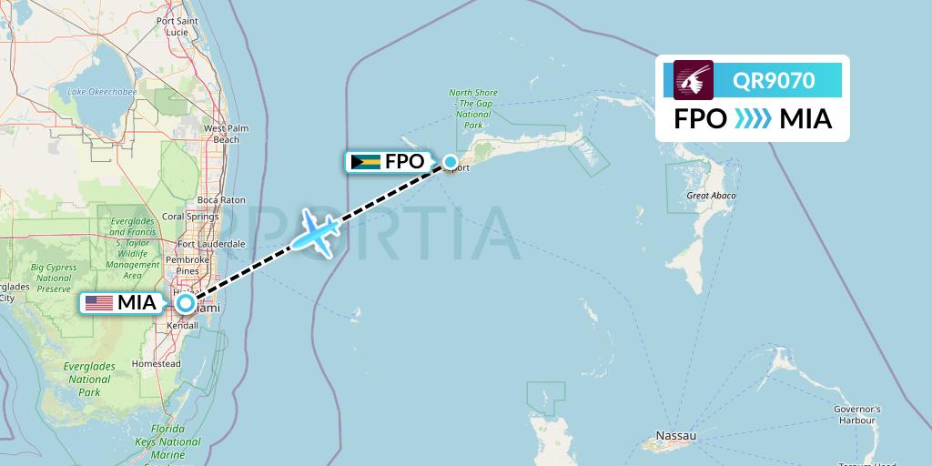 QR9070 Qatar Airways Flight Map: Freeport to Miami