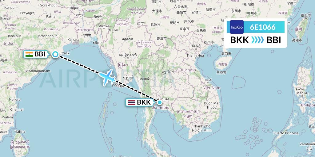 6E1066 IndiGo Airlines Flight Map: Bangkok to Bhubaneswar