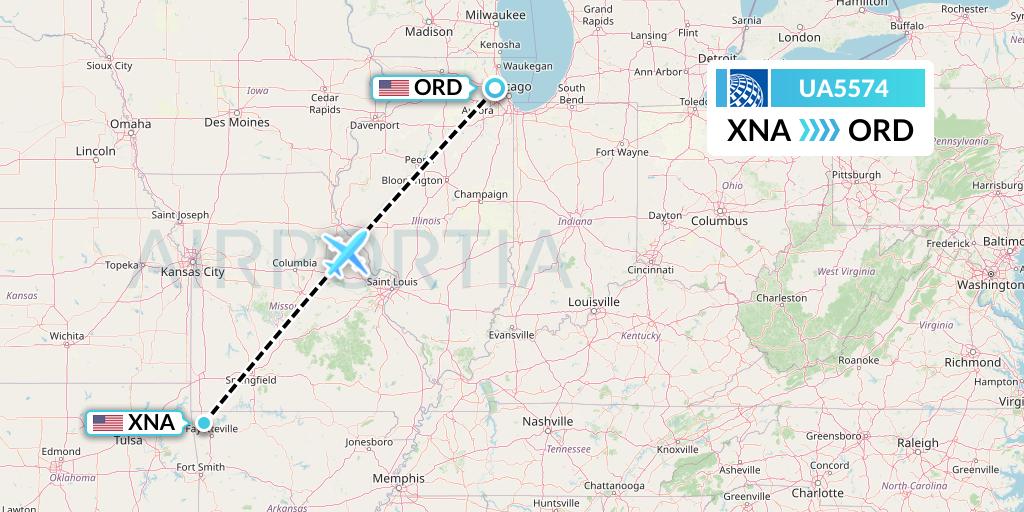 UA5574 United Airlines Flight Map: Bentonville to Chicago