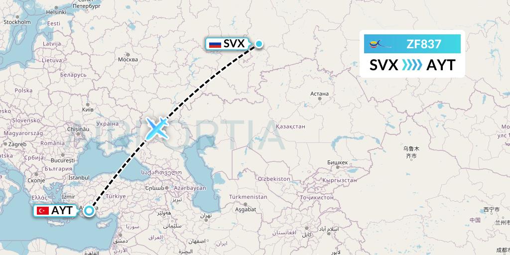 ZF837 Azur Air Flight Map: Yekaterinburg to Antalya