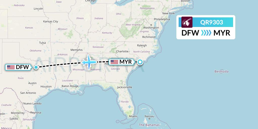 QR9303 Qatar Airways Flight Map: Dallas to Myrtle Beach