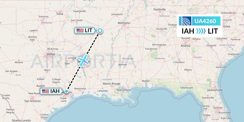 UA4260 United Airlines Flight Map: Houston to Little Rock