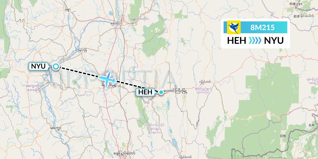 8M215 Myanmar Airways International Flight Map: Heho to Nyaung U