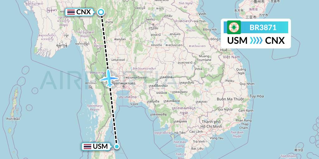 BR3871 EVA Air Flight Map: Koh Samui to Chiang Mai