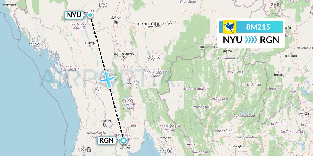8M215 Myanmar Airways International Flight Map: Nyaung U to Yangon