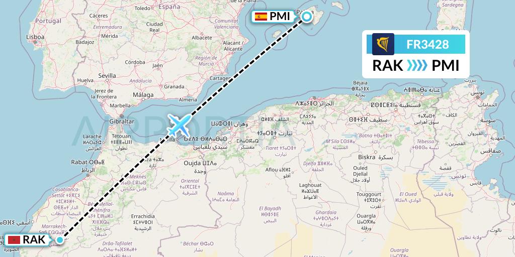 FR3428 Ryanair Flight Map: Marrakesh to Palma de Mallorca