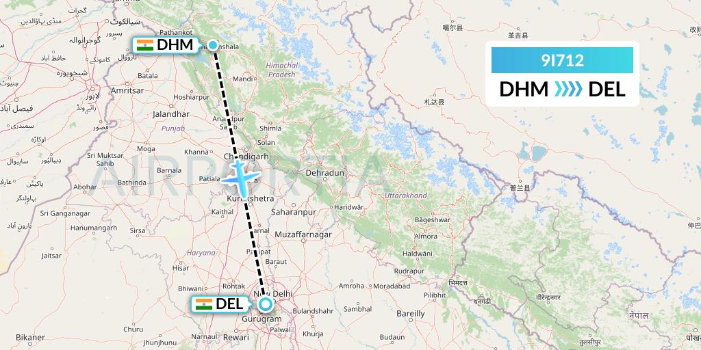 9I712 Air India Regional Flight Map: Dharamsala to Delhi
